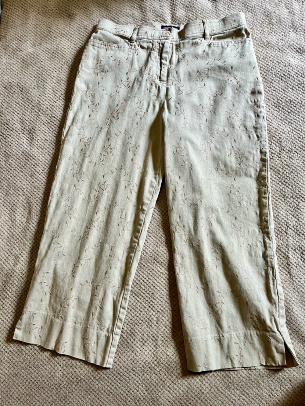 Embroidered Tan on Cream Cotton Blend High Rise Pants by Denver Hayes